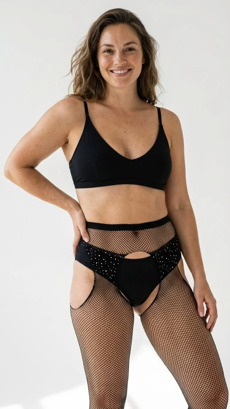 LunaIntim Siyah Taşlı File Vücut Çorabı İkili Takım Görünümlü Kristal İşlemeli Set - Arka Görünüm